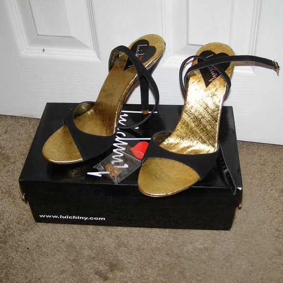 New In Box Sexy Suede Black & Gold Luichiny Heels size 8 - Picture 1 of 15